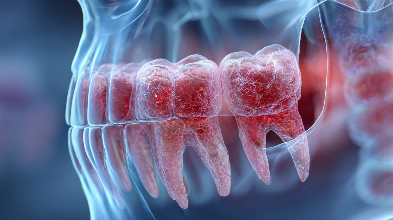 Иллюстрация симптомов кисты зуба: отек десны и подвижность зуба