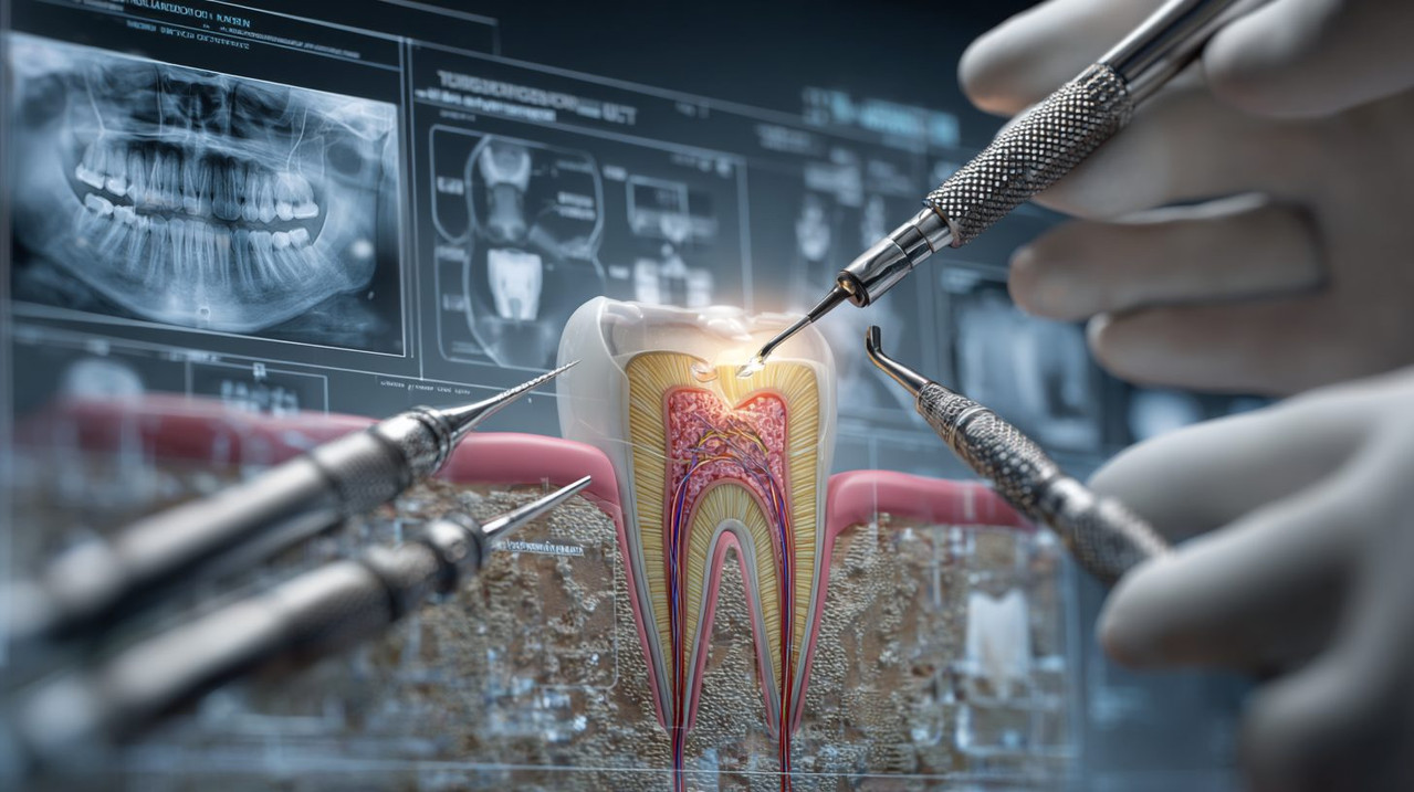 Иллюстрация консервативного лечения кисты зуба: обработка каналов